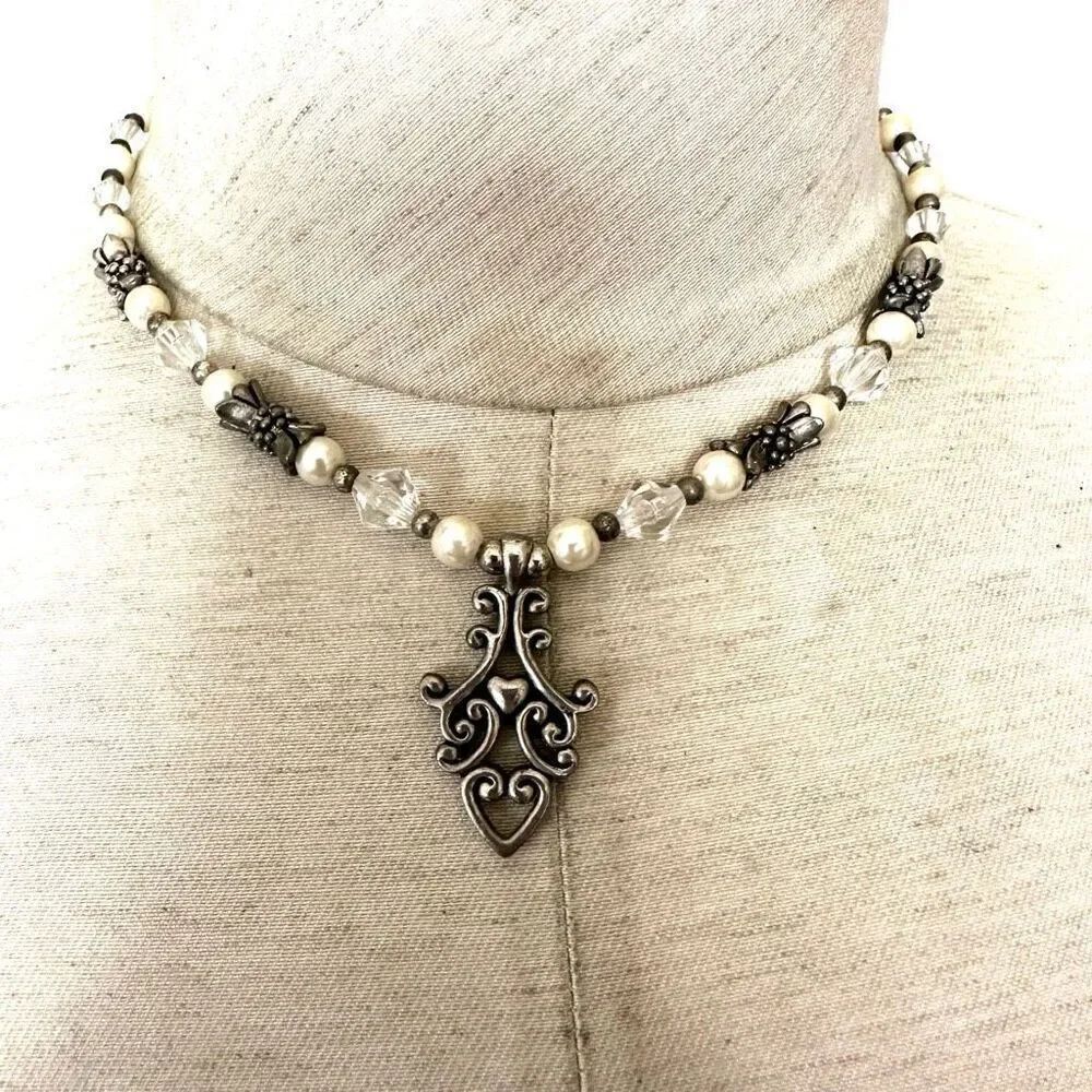 Faux pearl silver heart pendant necklace